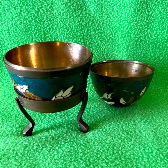 Vintage Brass Cloisonne Egg Trinket Holder on
Brass Stand - Picture 4 of 8